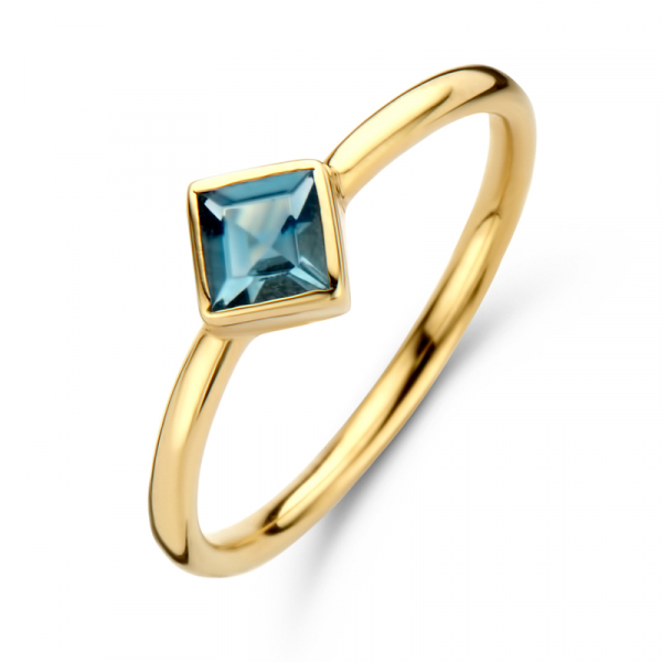 Ring mit quadratischem Kristall in Blau vergoldet